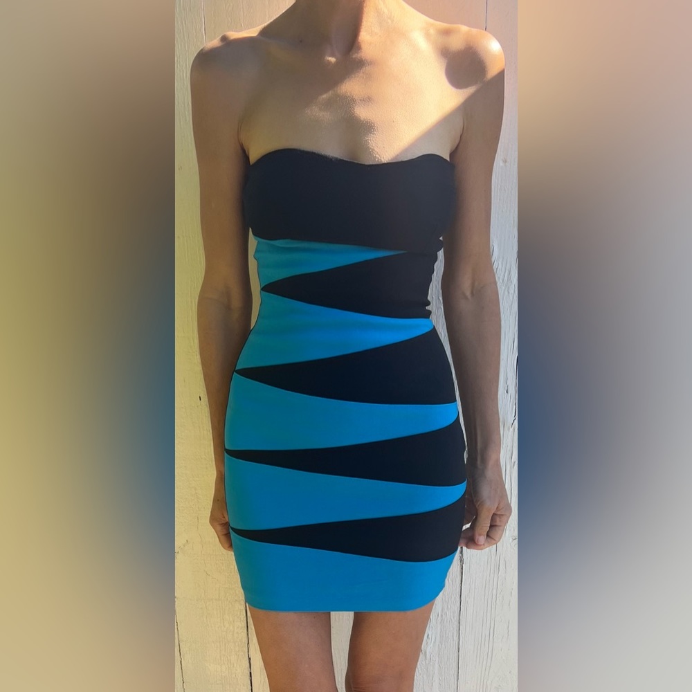 Fashion Gold - Sweetheart Neckline Strapless Bandage Mini Dress Black /Blue (6)